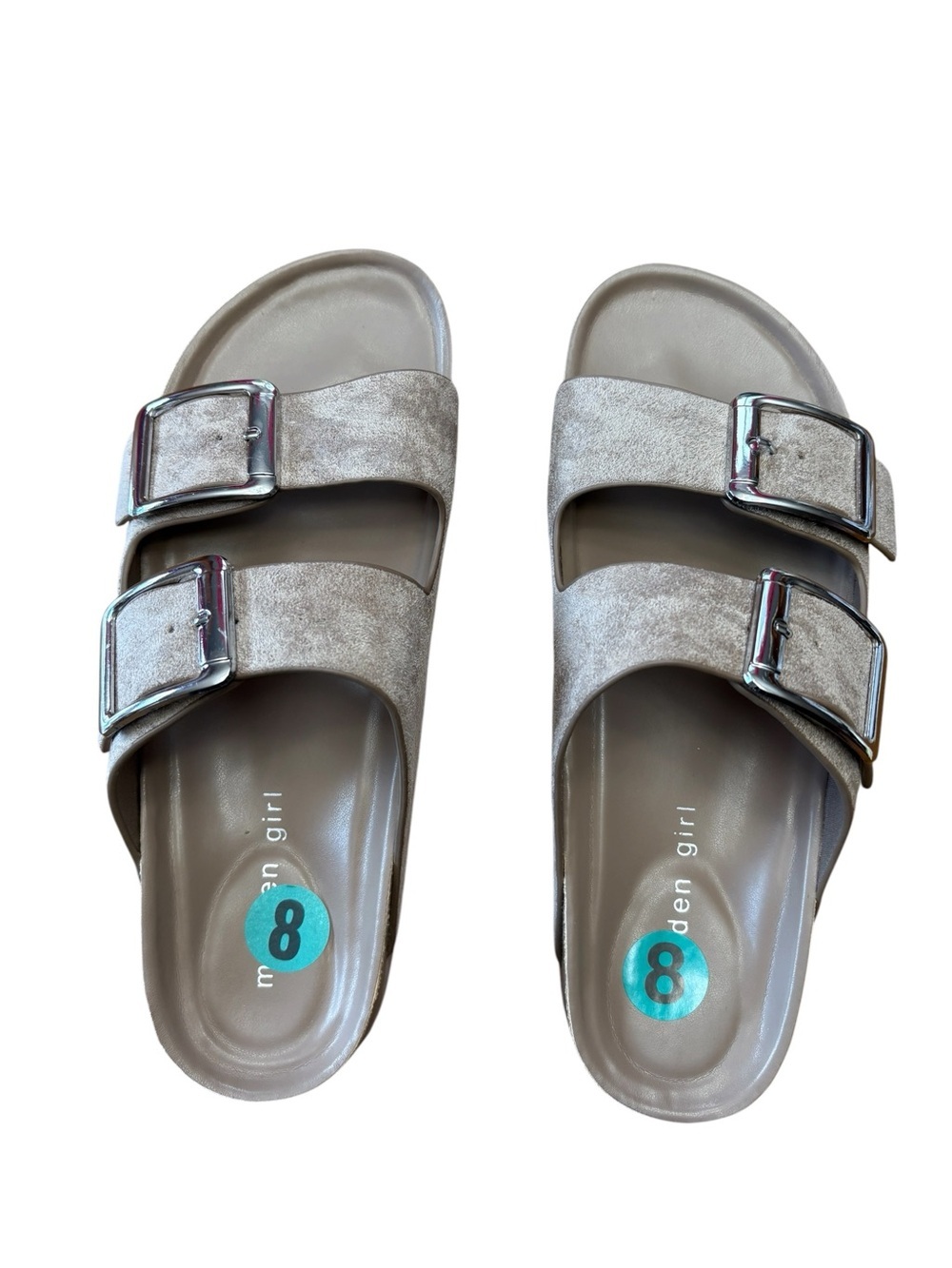 Madden Girl, Double Buckle Slide Sandals Taupe Metallic, Size 8, Comfort Footbed - Picture 4 of 9